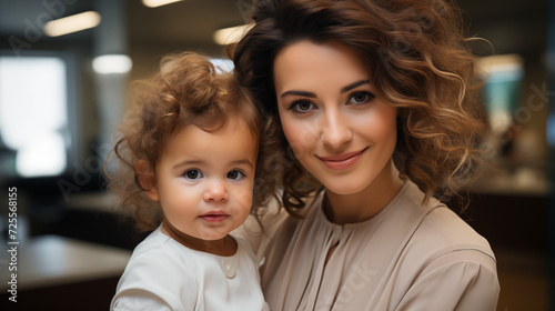 Portrait of young beautiful mom with her toddler child looking into the camera 