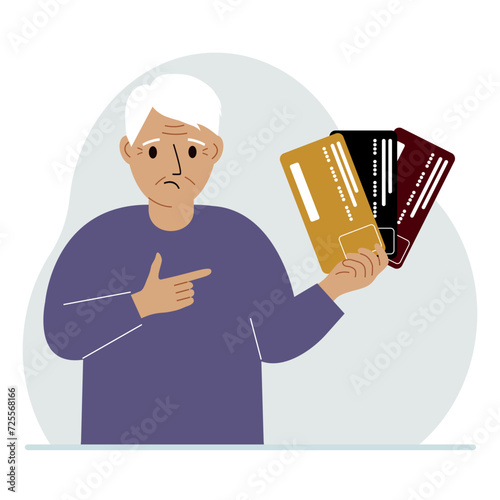 A man with several plastic cards. The concept of multiple loans, the burden of credit cards and banking fees over a lifetime.