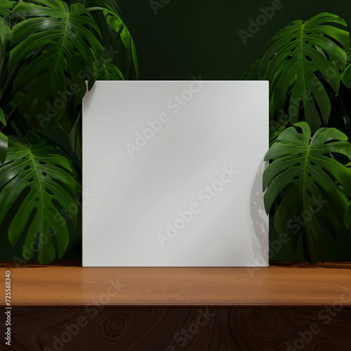 monstera leaf and green wall  3d rendering empty space wood textured podium in square 