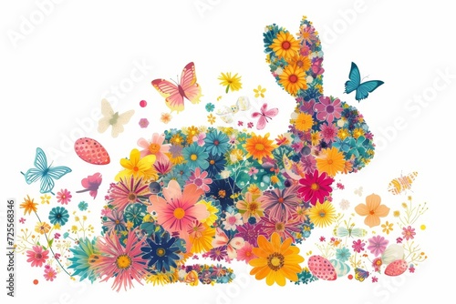 Colorful Floral Easter Bunny Silhouette with Butterflie for Easter Celebration Card.  photo