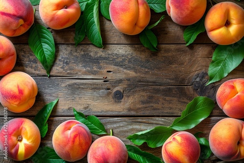 Fresh Peaches on Vintage Wood Table Top View