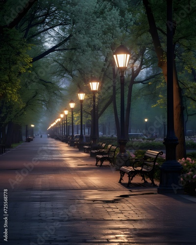 Beautiful alley in the park at night with lanterns and benches