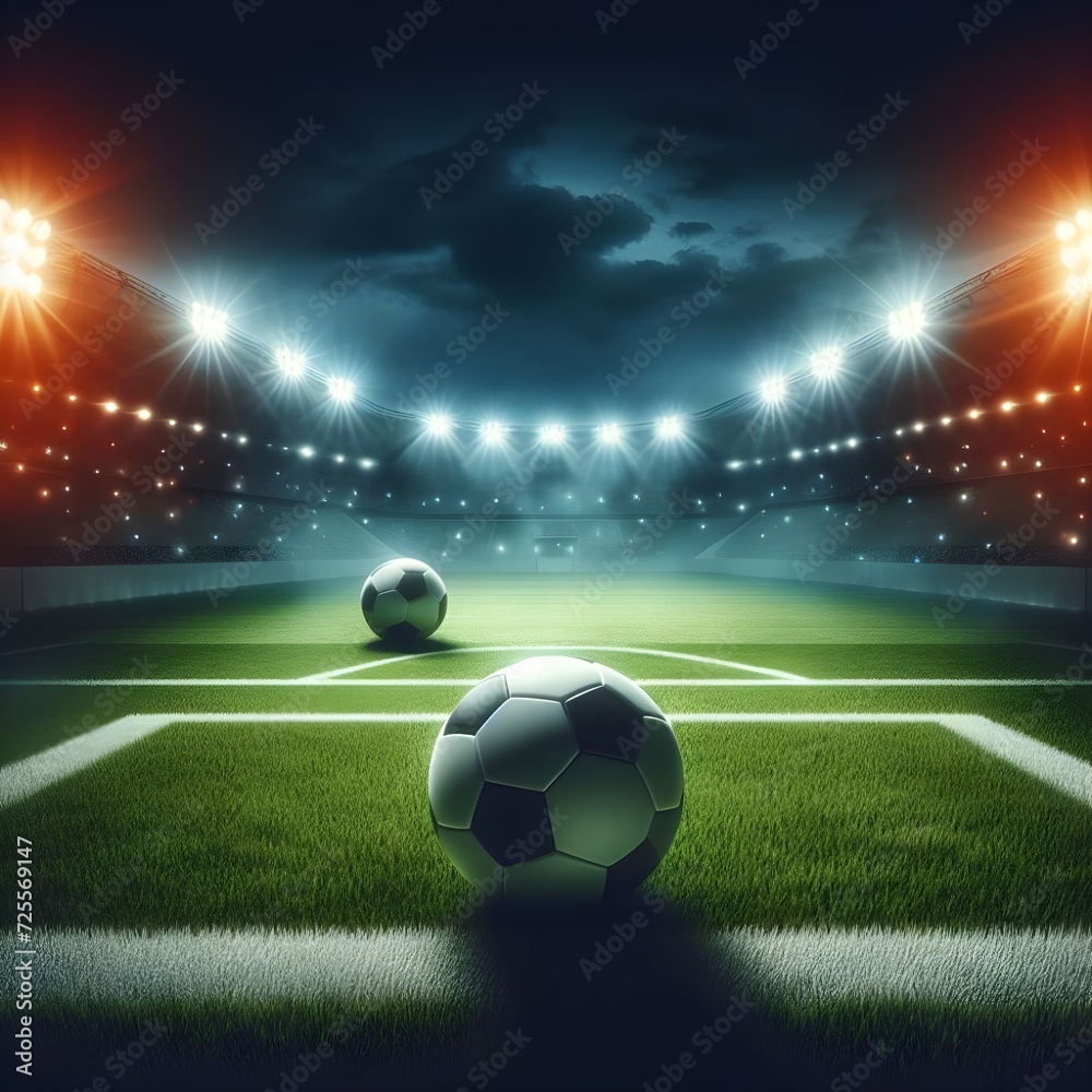 An empty football field with greeny grass, stylish football, night lights, floodlights and dramatic orange lights