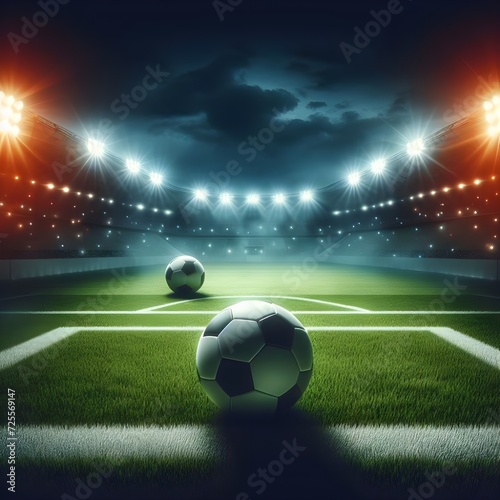 An empty football field with greeny grass, stylish football, night lights, floodlights and dramatic orange lights photo
