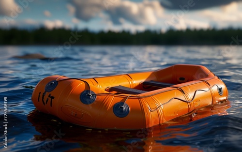 An empty orange inflatable life raft adrift on the ocean waves, symbolizing isolation and danger.