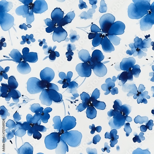 Abstract Cyanotype Blue Watercolor Floral Pattern