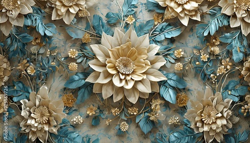 blue and yellow background.a stunning 3D wallpaper featuring an intricate floral decoration designed for a ceiling. Craft a background with a seamless blend of colors and textures to enhance the overa © Asad
