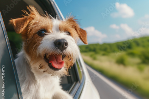 Head of happy lap dog looking out of car window enjoying road trip on sunny summer day