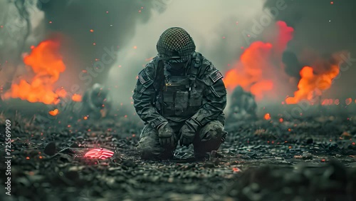 4K clip 9:16 Tired frontline soldiers on the front lines of war. photo