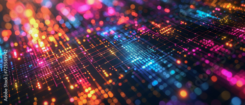 digital grid with vibrant neon lights. 
