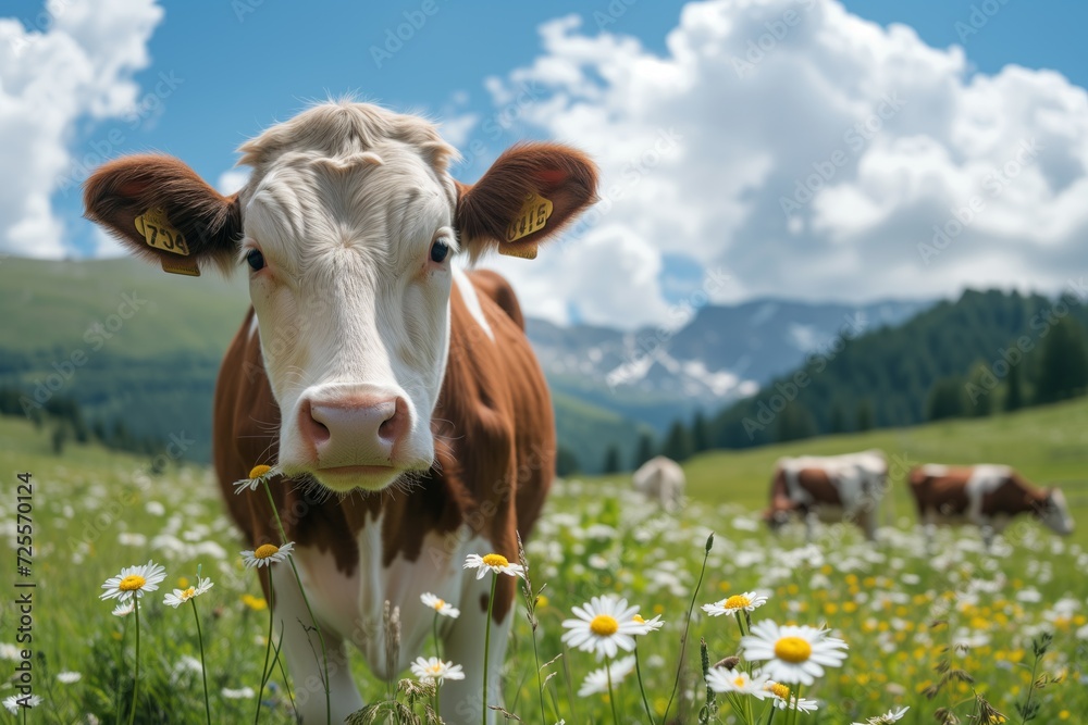 Close up of a brown and white cow on a green mountains meadow