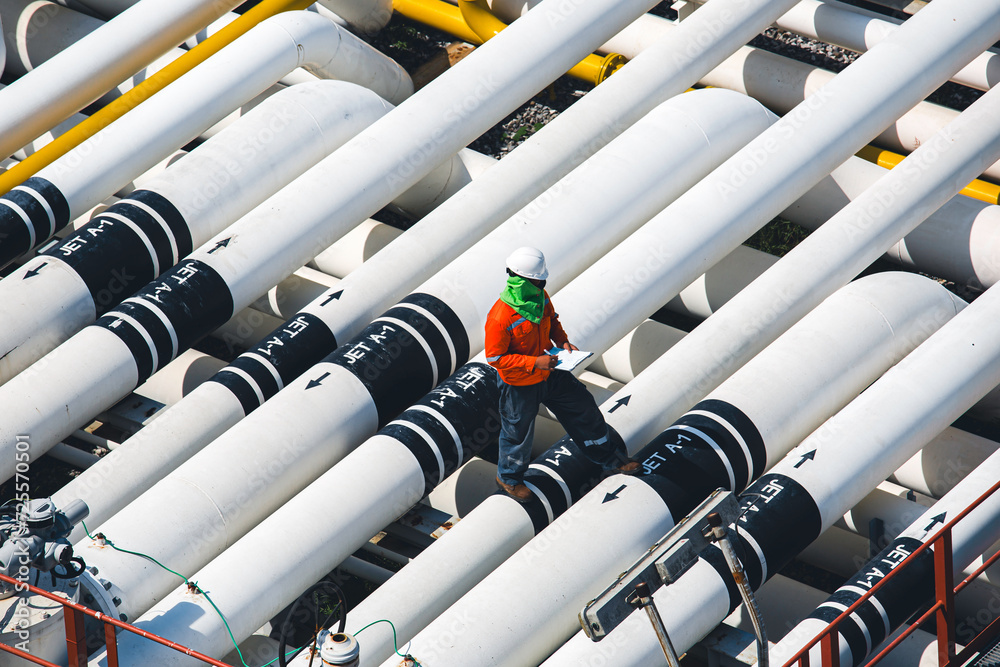 Top view male worker inspection at steel long pipes and pipe elbow in station oil factory during refinery valve of visual check record pipeline oil Top view male worker inspection at steel long pipes and pipe elbow in station oil factory during refinery valve of visual check record pipeline oil