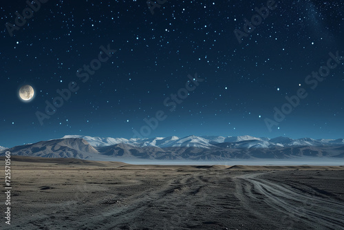 Moonlit Desert Landscape with Starry Sky and Majestic Mountain Range in the Distance