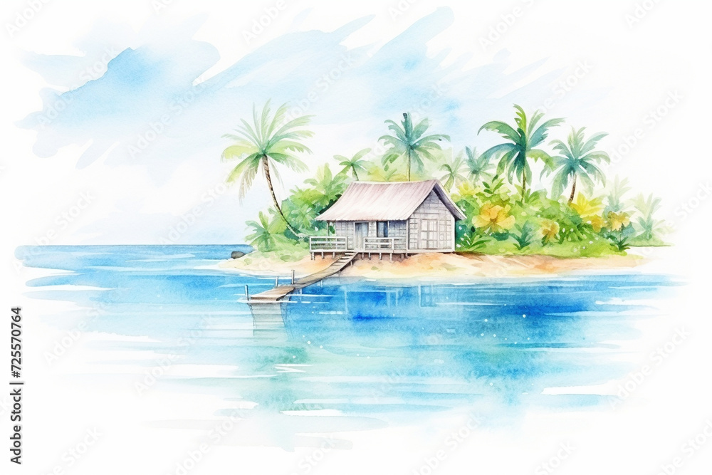 A picturesque island getaway with clear blue waters and lush greenery , cartoon drawing, water color style