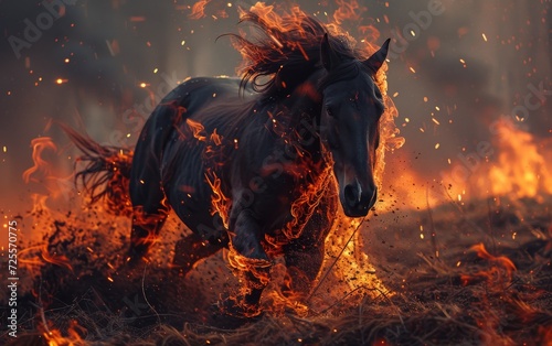 A powerful horse gallops swiftly through a field engulfed in flames  demonstrating strength and agility.