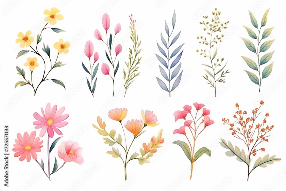 A set of illustrations of wild plants in bloom, drawn in a vintage style , cartoon drawing, water color style - obrazy, fototapety, plakaty 