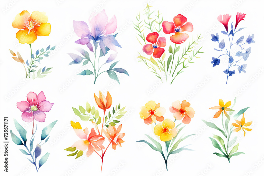 A set of vibrant, watercolor flower illustrations, ready to bring joy to any space , cartoon drawing, water color style