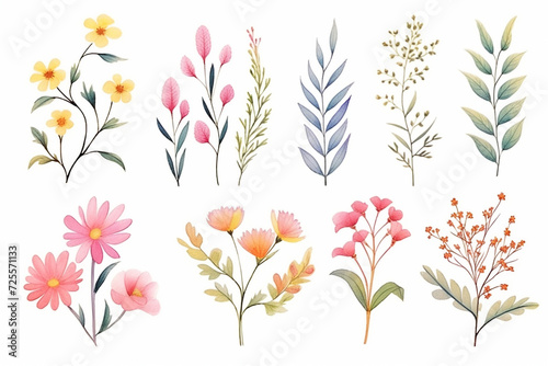 A set of illustrations of wild plants in bloom, drawn in a vintage style , cartoon drawing, water color style photo