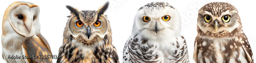Collection of portraits of different owl species, barn, eagle, snowy and little owl, isolated on a transparent background