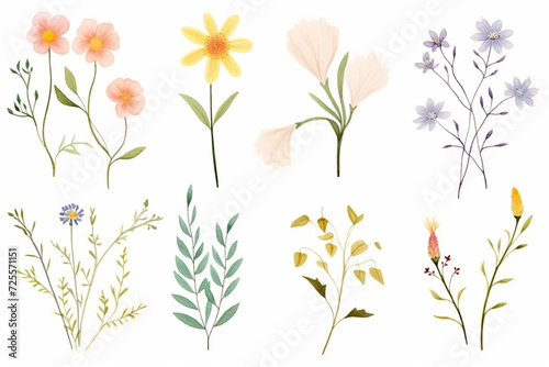 A set of illustrations of wild plants in bloom, drawn in a vintage style , cartoon drawing, water color style