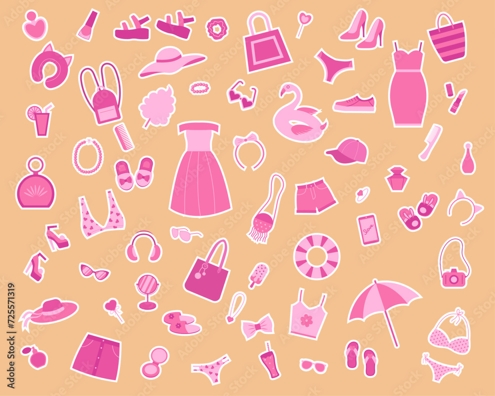 A set of stickers of fashion items and accessories for girls in pink. A set of stickers of fashion items and accessories for girls in pink.