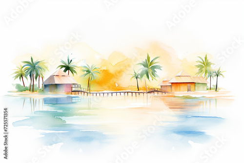 A sunrise-view of a beach resort with huts and coconut trees in watercolor style   cartoon drawing  water color style
