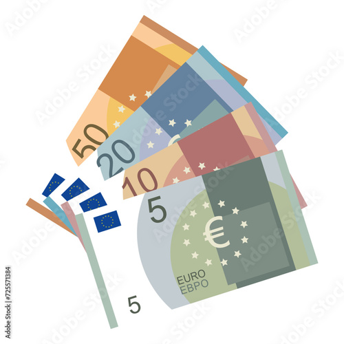 Euro banknote set. Five, ten, twenty and fifty euros. Vector illustration.