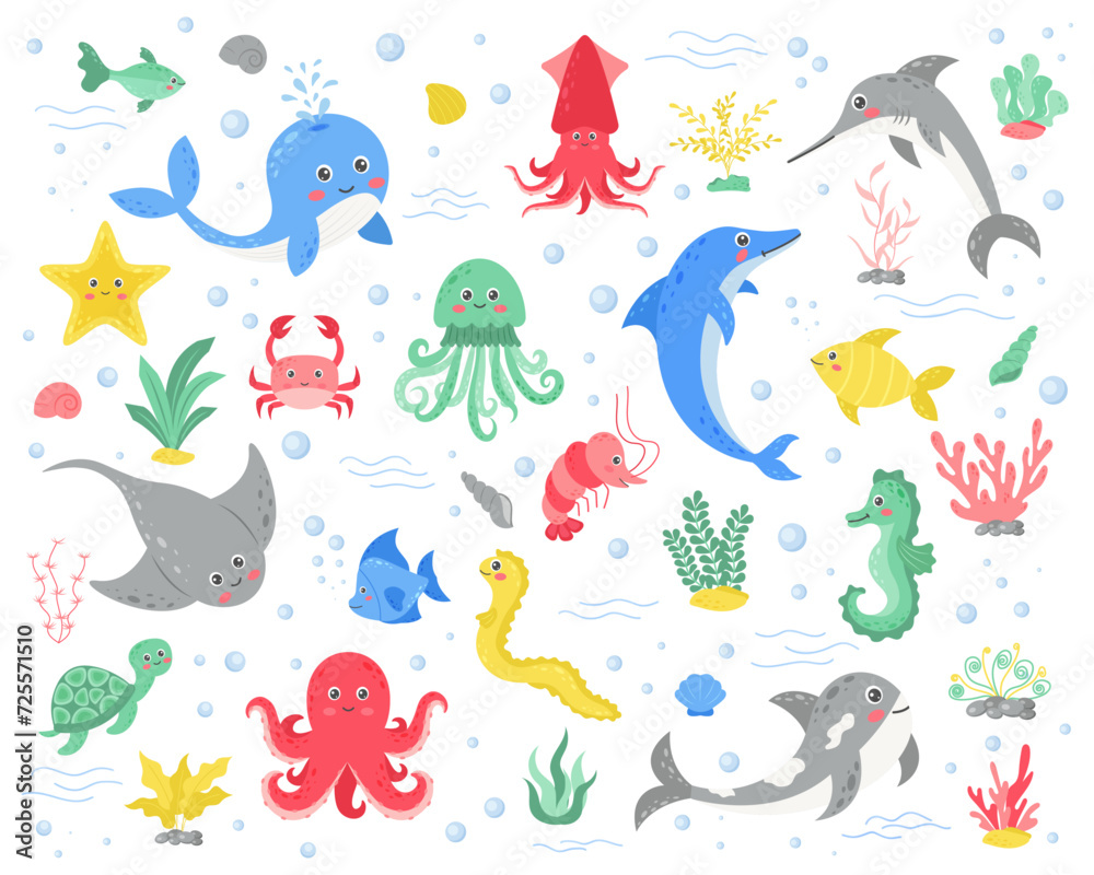 Vector set of sea animals in cartoon style. Marine life. Dolphin, octopus, stingray, squid, jellyfish, fish, crab, seahorse, turtle. Vector illustration. Vector set of sea animals in cartoon style. Marine life. Dolphin, octopus, stingray, squid, jellyfish, fish, crab, seahorse, turtle. Vector illustration.