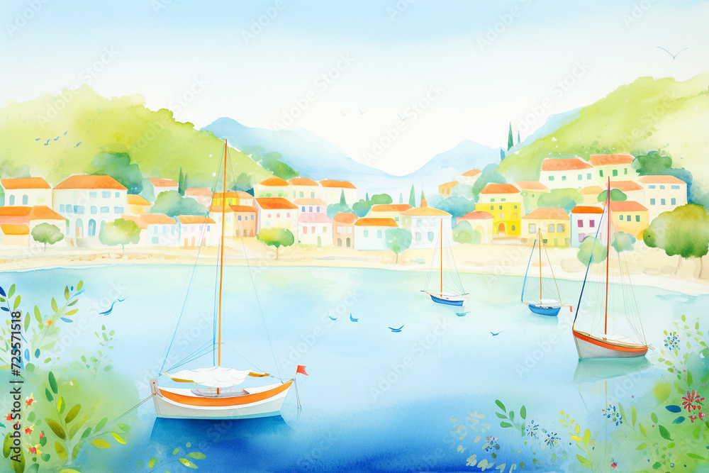 A vibrant, panoramic view of a bustling natural harbour with sailboats dotted across the azure sea , cartoon drawing, water color style