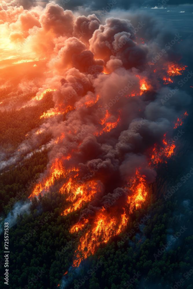 Terrible forest fire from bird's-eye view, environmental disaster, high fire danger