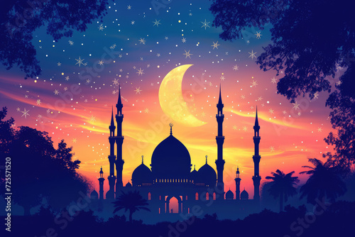 A beautiful silhouette of a mosque and Mesmerizing night view of a mosque under starry sky and bright moon. Perfect for Ramadan, Eid, or Islamic religious themed designs.