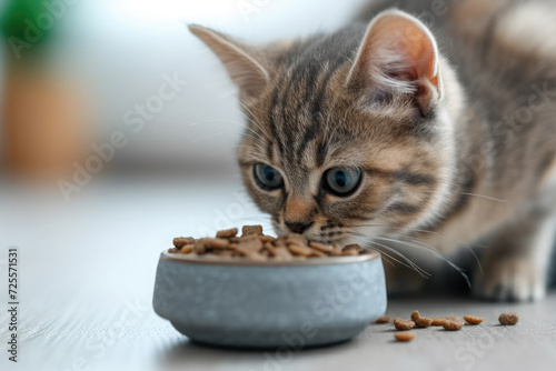 Beautiful tabby cat sitting next to a food bowl, placed on the floor in the room, and eating. Dry food