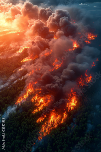 Terrible forest fire from bird's-eye view, environmental disaster, high fire danger