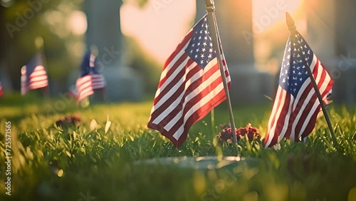 4K HD video clips The USA flag is placed in front of the grave of soldiers who died in the war on Memorial Day or Victory Day. photo