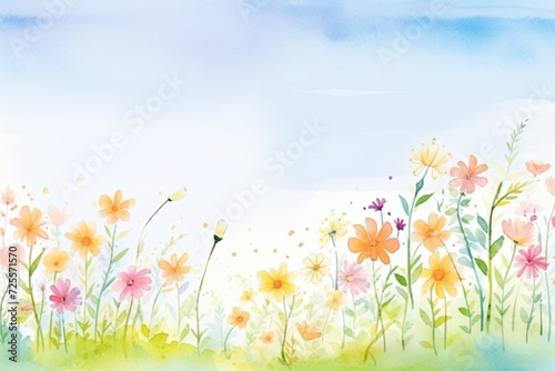 A warm summer scene revealing colorful blossoming flowers , cartoon drawing, water color style © Watercolorbackground