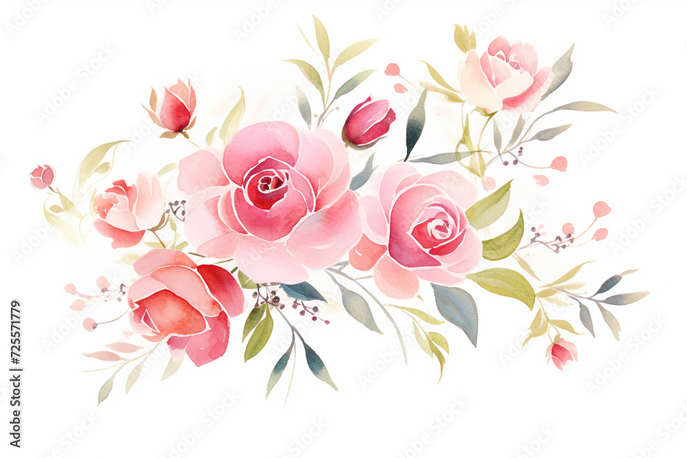 An elegant floral design featuring red and pink roses , cartoon drawing, water color style