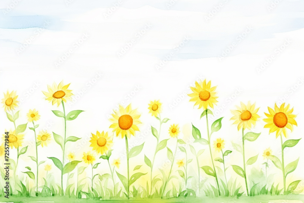 Art of bright yellow sunflowers in a summer field , cartoon drawing, water color style