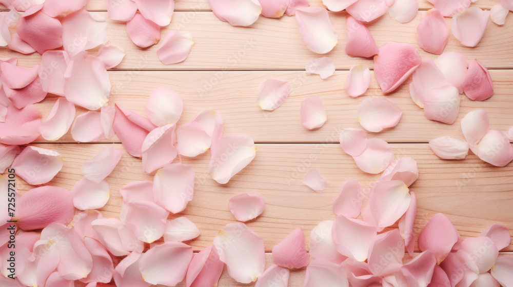 top view flat lay background with delicate scattering of pink rose petals