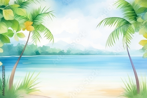 Beautiful bay surrounded by palm trees  capturing the tranquility of tropical surroundings   cartoon drawing  water color style