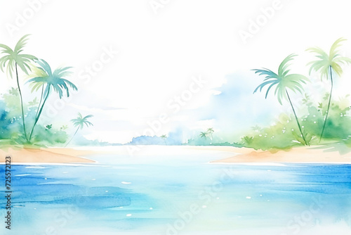 Beautiful bay surrounded by palm trees, capturing the tranquility of tropical surroundings , cartoon drawing, water color style