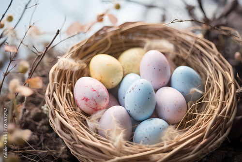 Easter colored eggs in basket. Spotted pastel eggs for the Christian holiday. Spring time