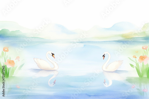 Beautiful swans swimming peacefully on a serene lake during a calm summer evening   cartoon drawing  water color style