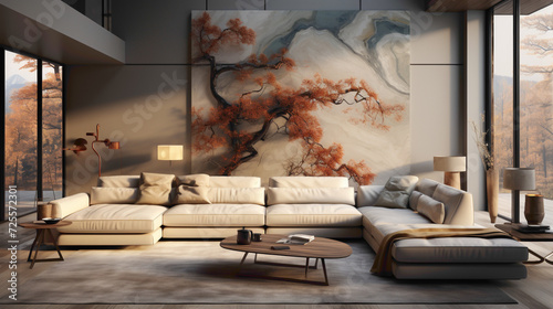 A modern living room adorned with abstract wall art, a statement rug, and a comfortable modular sofa, all illuminated by subtle recessed lighting that creates a calming ambiance. photo