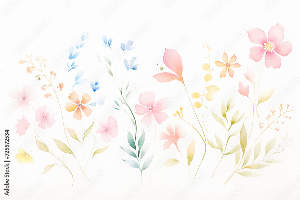 Decorative floral designs in soft watercolors, offering a romantic, vintage feel , cartoon drawing, water color style