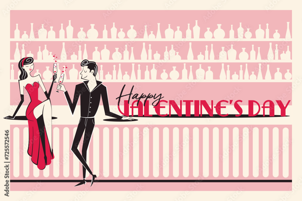 Happy Valentine's Day banner, backround. Horizontal poster with couple in the bar in trendy retro style of 60s 70s. Vector illustration.