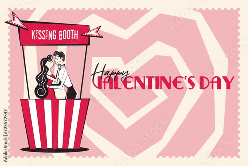 Happy Valentine's Day banner, backround. Horizontal poster with couple in the kissing booth in trendy retro style of 60s 70s. Vector illustration.
