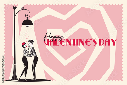 Happy Valentine's Day banner, backround. Horizontal poster with mime couple under street lamp in trendy retro style of 60s 70s. Vector illustration.