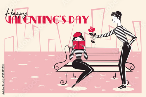 Happy Valentine's Day banner, backround. Horizontal poster with mime couple in city park in trendy retro style of 60s 70s. Vector illustration.