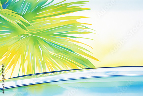 Detailed artwork showing the reflection of a palm tree on a shiny car hood in sunny weather , cartoon drawing, water color style