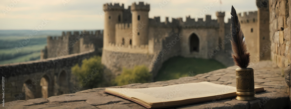 A quill pen positioned on the battlements of an ancient castle, capturing the essence of medieval times.